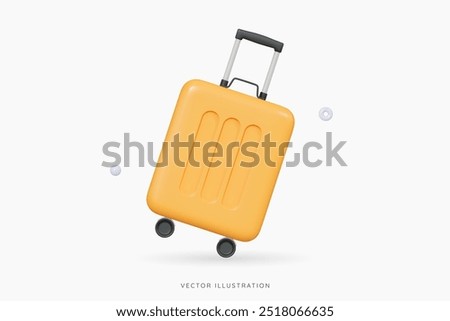 3D Yellow wheeled suitcase for travel. Cabin luggage. Plastic bag for flight. Journey concept. Time to tourism and vacation. Booking your next trip. Cartoon design icon. 3D Vector illustration