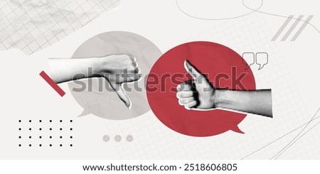 Trendy Halftone Collage Speech bubble messages and two hands with like and dislike gestures. Social media communication and discussion. Online feedback. Contemporary vector illustration art