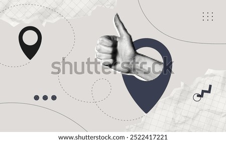 Trendy Halftone Collage Hand showing thumbs up from inside location pin. Delivery route. Contemporary art with position elements. Travel way and find trip. GPS point navigation. Vector illustration