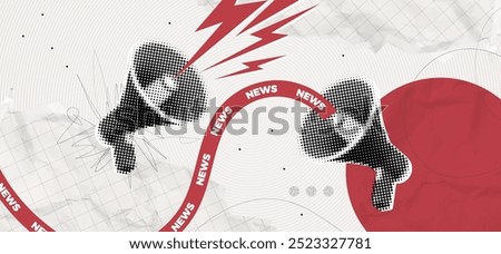 Trendy Halftone Collage Megaphones with news. Social media propaganda and information. Loudspeaker with attention message. Public event. Paper elements. Contemporary art vector illustration