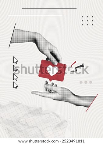 Trendy Halftone Collage Two Hands with Like. Social media emoticon. Follower share symbol. Online communication. Vertical modern paper poster. Contemporary vector illustration art