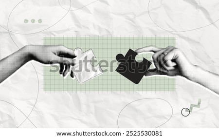 Trendy Halftone Collage Two Hands combine puzzle pieces. Teamwork and brainstorm concept. Business idea and solution. Partnership relationship. Contemporary art vector illustration