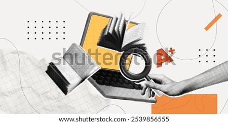 Trendy Halftone Collage Online education and study concept. Computer laptop with hand and floating books. New course, webinar. Smart thinking and brainstorming. Contemporary vector art illustration