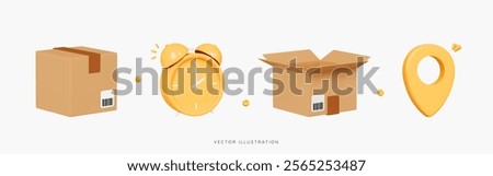 3D Delivery icon set with open and closed cardboard boxes, alarm clock and yellow location pin. Fast delivery of your order or parcel. Cartoon design icons isolated on white. 3D Vector illustration