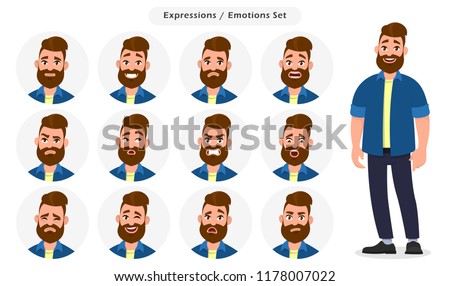 Set of male facial different expressions. Man emoji character with different emotions. Emotions and body language concept illustration in vector cartoon style.