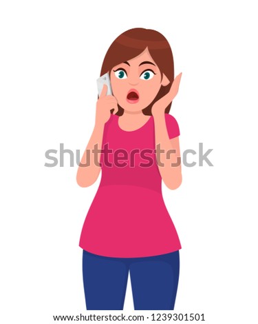 Shocked young woman talking on the 
smart phone or mobile phone scared in shock with a surprise face. Amazed frowning female calling. Human emotions and concept illustration in cartoon flat style.