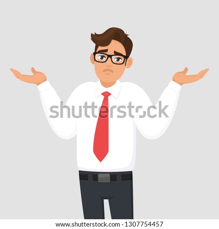 Oops. Sorry. I don't know. Portrait of confused young businessman shrugging shoulders, shows helpless question gesture, spread his hands, he does not know what to do, concept illustration in cartoon.
