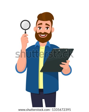 Handsome young bearded man showing/holding magnifying glass and clipboard/document/report in hand. Search, find, discovery, analyze, inspect, investigation concept illustration in cartoon. Stock foto © 
