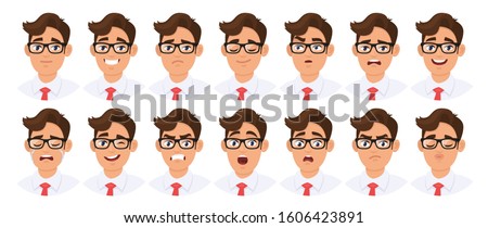 Set of male character's different facial expression. Collection of young man's various emotions or emoji. Collage of human emotional feelings or mood. Cartoon style vector illustration.
