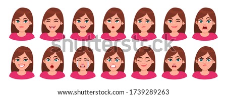 Set of different facial expressions female character. Collection of young woman feelings. Beautiful girl emoji with various emotions. Collage of cute lady's portrait. Cartoon illustration in vector.