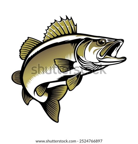 A stylized walleye illustration leaps out of the water with its mouth open wide, showcasing its distinctive dorsal fin and golden-brown coloration against a white background