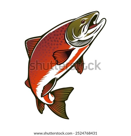 A stylized salmon leaps out of the water with its mouth open wide, showcasing its vibrant red scales and fins against a white background