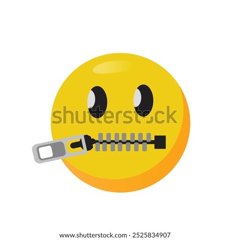 zipper mouth emoji. shut up or secret emoticon vector. yellow face with open eyes and closed metal zipper for mouth.