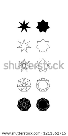 Set of different styles of seven pointed star and septagons.