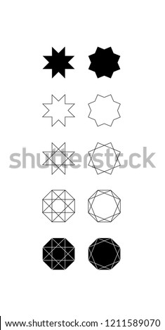 Set of ten different styles of eight pointed star (octagram) and octagons.