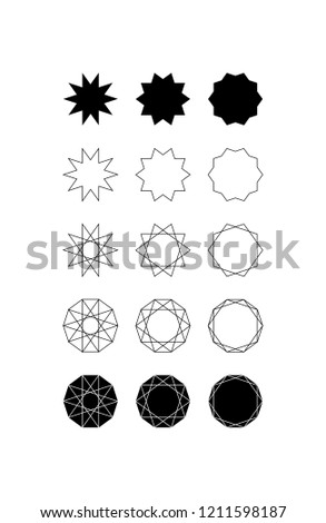 Set of fifteen different styles of ten pointed star (Decagram) and Decagon.