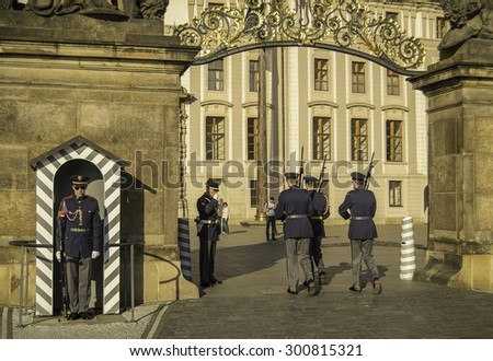 Prague, Czech republic - April 22, 2015. Changing of the guard in Prague castle. Prague castle is the most significant Czech monument in the Czech republic.
