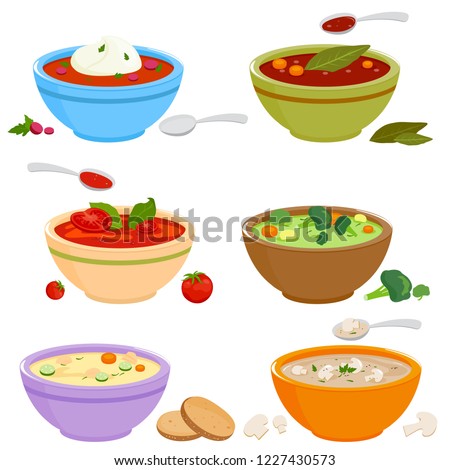 Vector set of bowls of soup with vegetables, mushrooms, chicken, Russian borscht soup, tomato and lentil soup on white background.