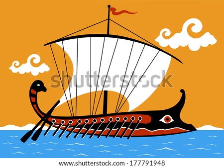 Ancient Greek trireme ship sailing on the sea. Vector illustration.
