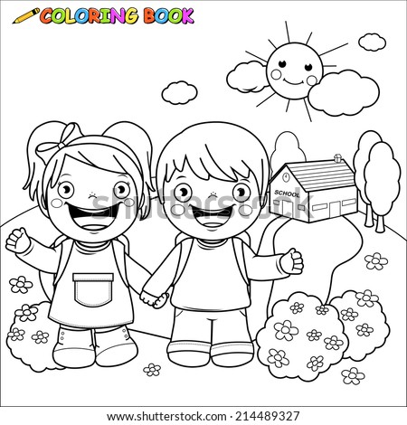 Illustration Of A Black And White Outline Image Of A Girl And A Boy ...