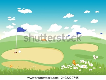 Golf course in a summer or spring landscape background with flowers. Countryside golf course with flags. Vector illustration