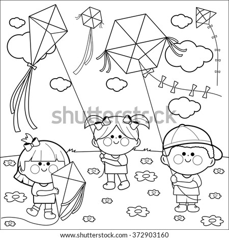 Children playing with kites in the sky. Vector black and white coloring page.