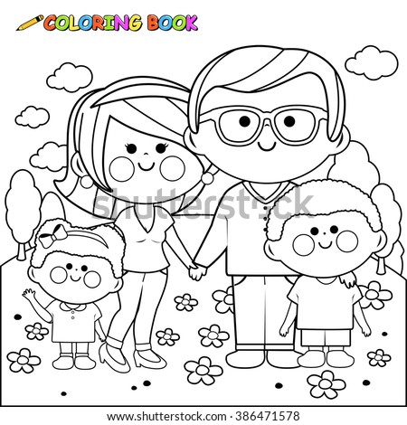 Vector Black And White Illustration Of A Happy Family At The Park: Two ...