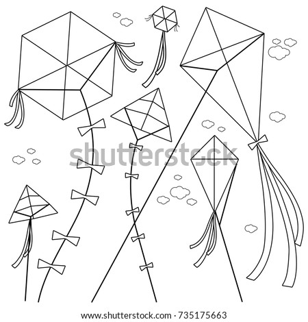 Kites flying in the sky. Vector black and white coloring page.