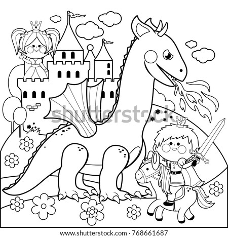 Prince fighting a fire breathing dragon and saving the beautiful princess at the tower. Vector black and white coloring page
