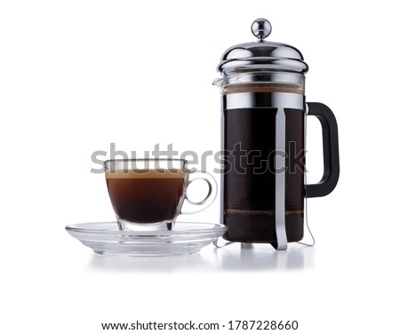 Individual cafetiere, and glass expresso cup and saucer full of smooth expresso coffee, isolated on white with a slight drop shadow ストックフォト © 