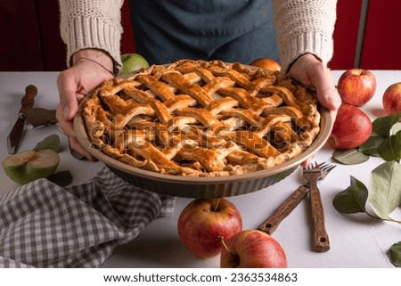 Similar – Image, Stock Photo Baking apple pie, recipe step by step. Making of an apple tart isolated on green background