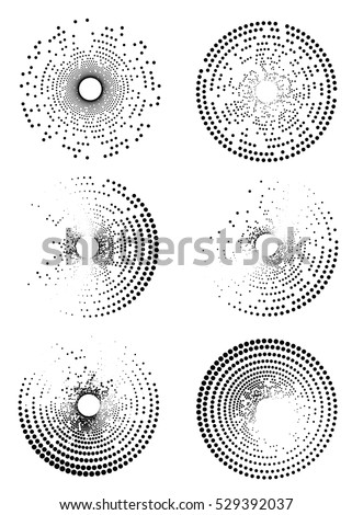 Set of abstract partly dissolved dotted radial patterns. Black and white.
