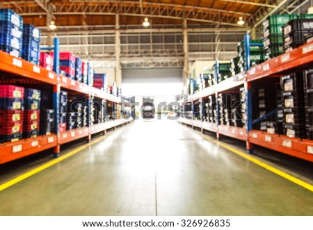 Blurred image of goods shelf in warehouse or storehouse