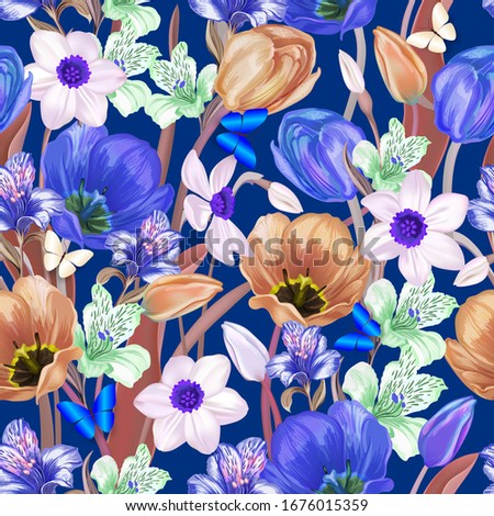Seamless blue background of daffodils, narcissus, Alstroemeria, lilies and tulips . D e corative g reeting card , happy birthday, wedding, advertising banner, sales, discounts, labels, fabrics Photo stock © 