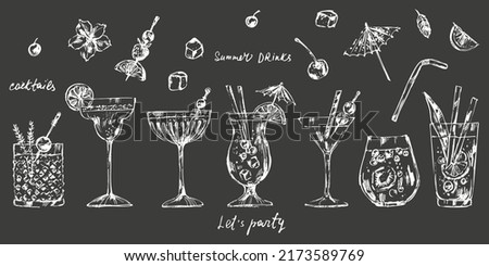 Hand drawn vector drinks illustration. Alcoholic cocktails set with fruits, ice. Mojito, margarita, brandy, wine, vodka, tequila, whiskey, pina colada, gin, summer tropical coconut pineapple mix.