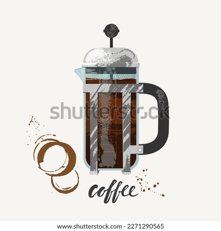 Vector illustration of french press maker, coffee stains, coffee calligraphy.