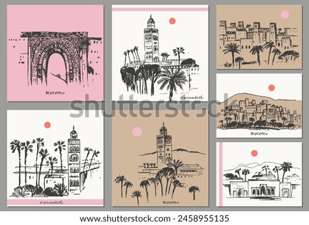 Hand drawn ink Morocco sketches. City street drawing with oriental architecture, palm trees, hills, sun. Marrakesh landmark, ancient buildings, temple, gates.