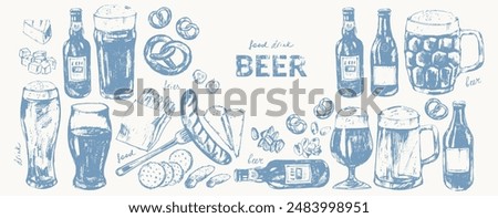 Vector beer illustration set. Beer bottles, glass, mug, snacks, hand holding beer bottle. Food and drink background template. For cafe and bar menu, craft brewery design.