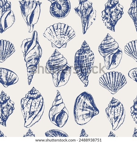 Vector sea animals seamless pattern. Sea shells in blue on white. Sea life background.