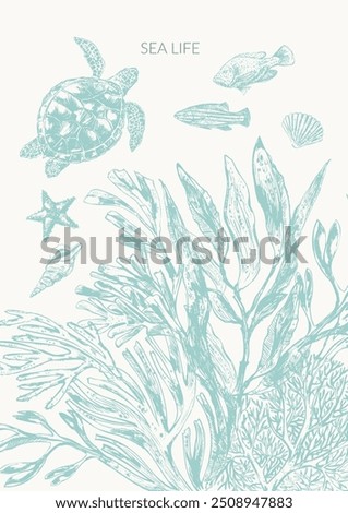 Sea life background in light green color with sea turtle, fish, starfish, seaweed plants, laminaria, fucus, corals, seashells.