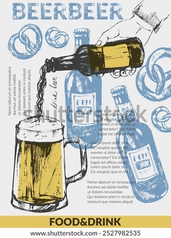 Vector beer background. Beer bottles, glass mug, snacks, hand holding beer bottle. Food and drink design template. For cafe and bar menu, craft brewery design.