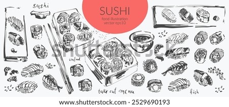 Asian food background with different types of sushi, sashimi and rolls with salmon fish, caviar, nori, rice, crab, prawn. For Japanese food menu, food and drink design.