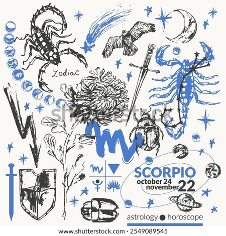 Hand drawn scorpio zodiac sign illustration, horoscope background with astrology symbols and talismans. Zodiac wheel, planets, sun, moon, star constellations, scarab, eagle, shield, sword.