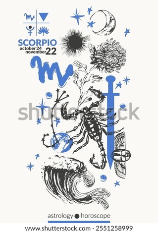 Hand drawn scorpio zodiac sign illustration, horoscope background with astrology symbols and talismans. Zodiac wheel, planets, sun, moon, star constellations.