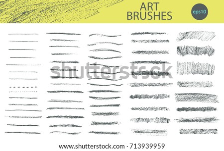 Set of vector grungy graphite pencil art brushes. Pencil textures of different shapes. Easy edit color and apply to any path, write and draw.