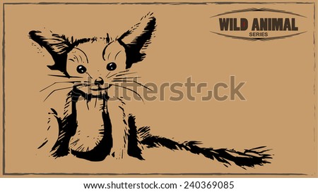 Vector illustration of a symbolic fennec, sign of wild life, hand drawn animal with fur and tail, retro vintage card in wild west style, wild animal series