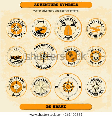 Vector set of adventure and sport symbols. Could be used: T-shirt and textile design, travel agencies and sport clubs, adventure articles, web-design