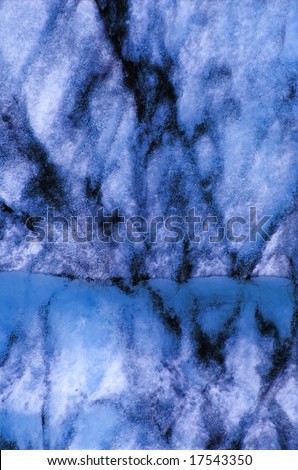 Snow texture on an iceberg, blue snow and black moraine, Iceland