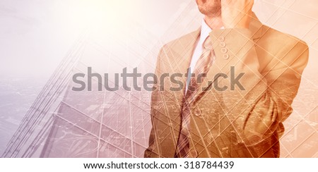 Double exposure concept with thinking businessman with phone