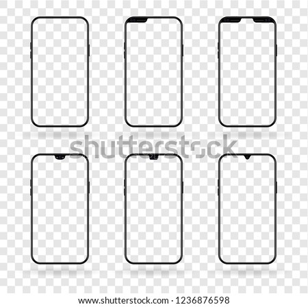 Vector different  notch smartphone display set isolated on transparent. Mobile realistic mockup with front camera and speaker variable size and position